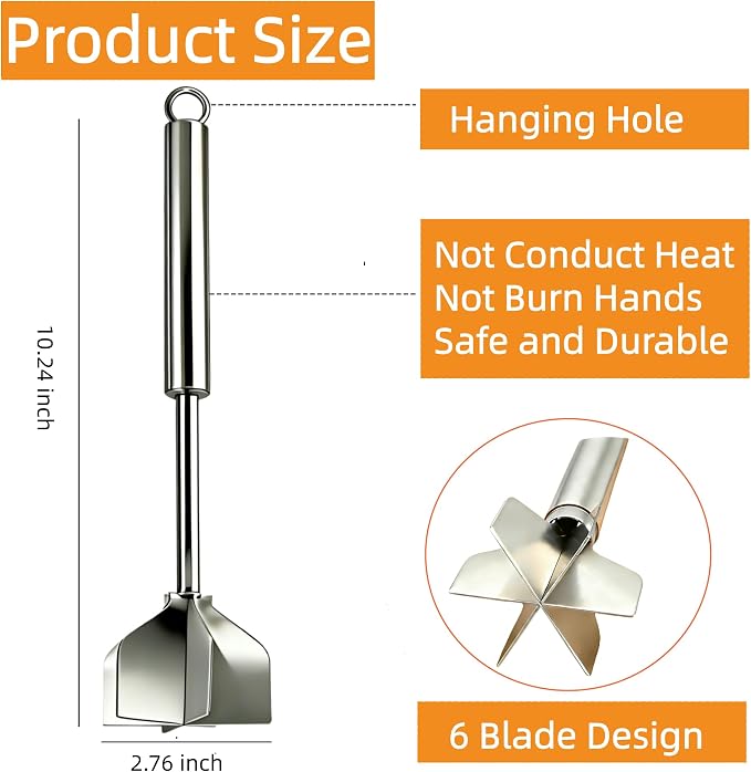 Meat Chopper - 304 Stainless Steel Meat Masher, 10 Inch Ground Beef Masher with 6 Blades, Premium Heat Resistant Smasher for Ground Beef, Hamburger Grinder, Non Stick Mix Ground Chopper, Potato Masher