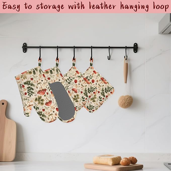 Red Mushroom Forest Strawberry Silicone Oven Mitts and Pot Holders,Heat-Resistant 4 Piece Kitchen Set Non-Slip Oven Gloves and Hot Pads for Cooking, Baking, Grilling,BBQ