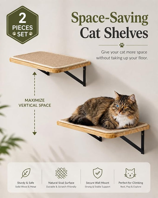 2PCS Cat Wall Shelves with Scratching Mat, 16.6x9.7 Inch Solid Pine Wood Wall Mounted Kitten Floating Shelf, Window Perch Hammock, Cats Wall Furniture for Cats Sleeping, Playing, Climbing