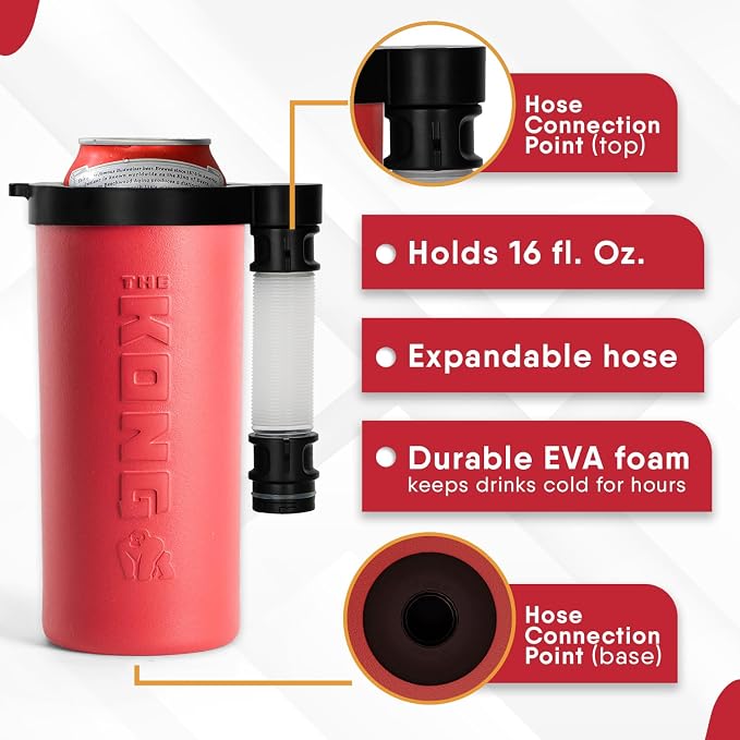 The Kong Skinny Can - Portable Coozie or Bottle Cooler/Cup With Detachable, Expandable, Hose To Funnel Your Drink (Red)