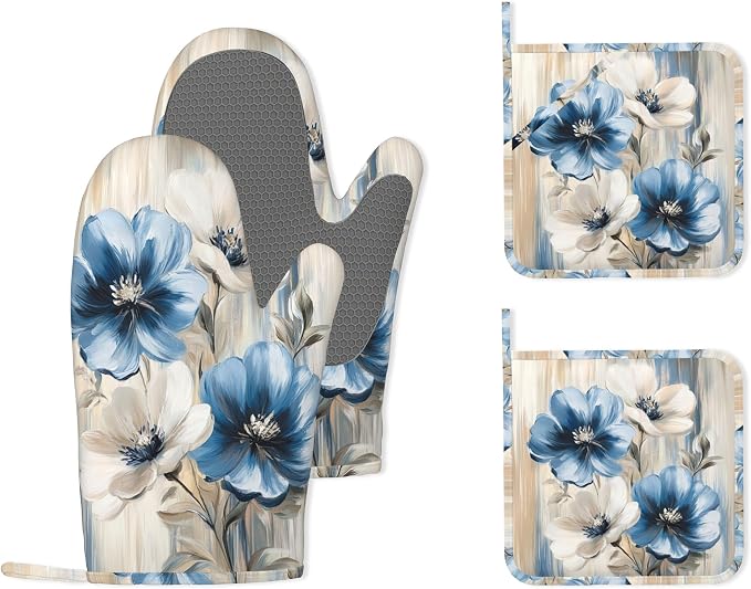 Flower Heat-Resistant Silicone Oven Mitts and Pot Holders,Flower on Marble Art Long Oven Gloves with Non-Slip Grip for Cooking, Baking, Grilling,BBQ