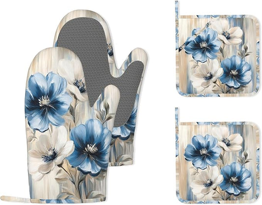 Flower Heat-Resistant Silicone Oven Mitts and Pot Holders,Flower on Marble Art Long Oven Gloves with Non-Slip Grip for Cooking, Baking, Grilling,BBQ