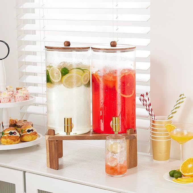 FavorFlavor 1.5 Gallon Drink Dispenser: 2P Glass Dispenser w/Wood Stand | 6L large Capacity-Stainless Steel Spigot-Beverage Container for Lemonade/Juice/Sun Tea-Ideal for Home Gatherings&Party Drink