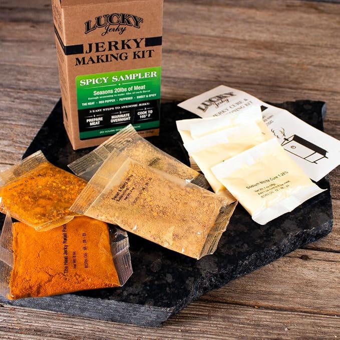 Lucky Jerky Ultimate Spicy DIY Beef Jerky Seasoning and Cure Kit, 12 Oz | Make Your Own with The Heat, Red Pepper, Black Pepper, and Sweet & Spicy, Seasons 5 lbs per Flavor, 20 lbs Total