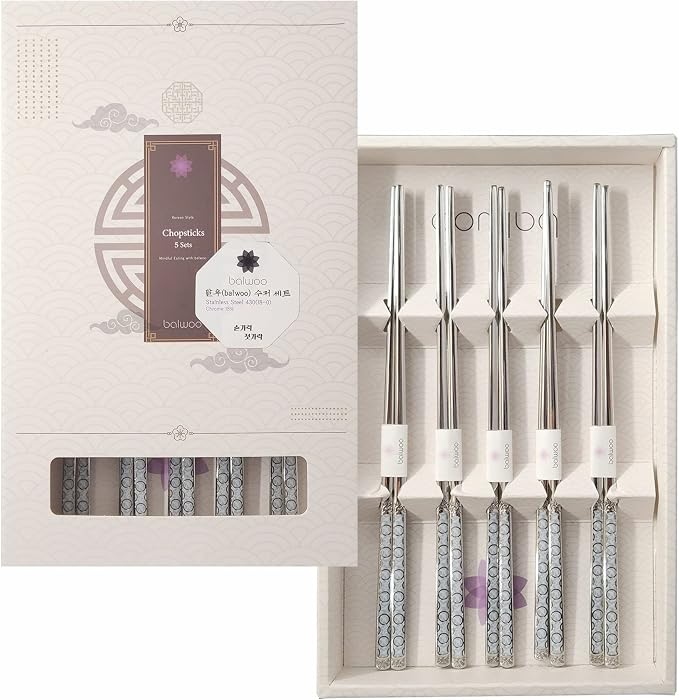 Chopsticks [Made in Korea][5 Sets] 430 Premium Stainless Steel Chopsticks, Mukbang Kitchen Utensil, Cutlery Silverware Stainless Tableware (Goryeo Celadon White)