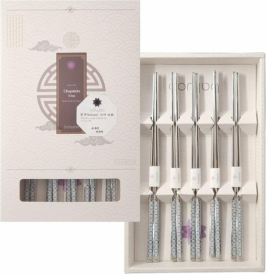 Chopsticks [Made in Korea][5 Sets] 430 Premium Stainless Steel Chopsticks, Mukbang Kitchen Utensil, Cutlery Silverware Stainless Tableware (Goryeo Celadon White)