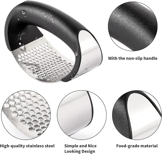 2 Pack Garlic Press Rocker, Stainless Steel Garlic Mincer with 2 Peelers, 2 Scrapers and 2 Brushes | Garlic Crusher Garlic Chopper for Smashing Garlic