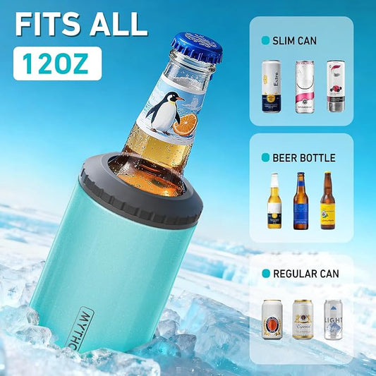 3 in 1 Slim Can Cooler for 12 OZ Skinny Can, Standard Can & Beer Bottle - Keep Cold for 6 Hours - Double Walled Insulated Stainless Steel Vacuum Beverage Can Insulator (Aqua)