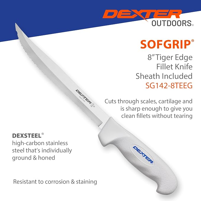 Dexter Outdoors SOFGRIP 8" Tiger Edge Scalloped Knife with Edge Guard | Tiger edge scalloped American stainless blade for tough cuts. Corrosion resistant, soft non-slip grip, edge guard included.