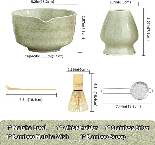 Matcha Tea Set, 5-Piece Ceremonial Kit with Ceramic Matcha Bowl (Chawan), Bamboo Whisk (Chasen) & Holder, Stainless Steel Sifter, Bamboo Scoop (Chashaku) — Japanese Tea Ceremony Gift (Green)