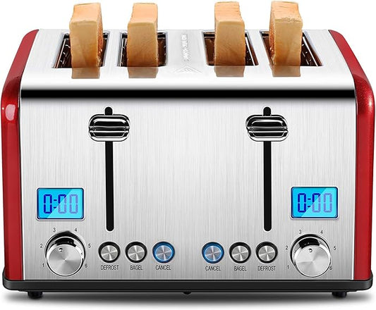 Roter Mond Countdown Stainless Steel 4 Slice Toaster with Bagel, Defrost, Cancel Function, Dual Toaster, Extra Wide Slots, 6 Shade Settings, Removable Crumb Trays, 1650W, Red