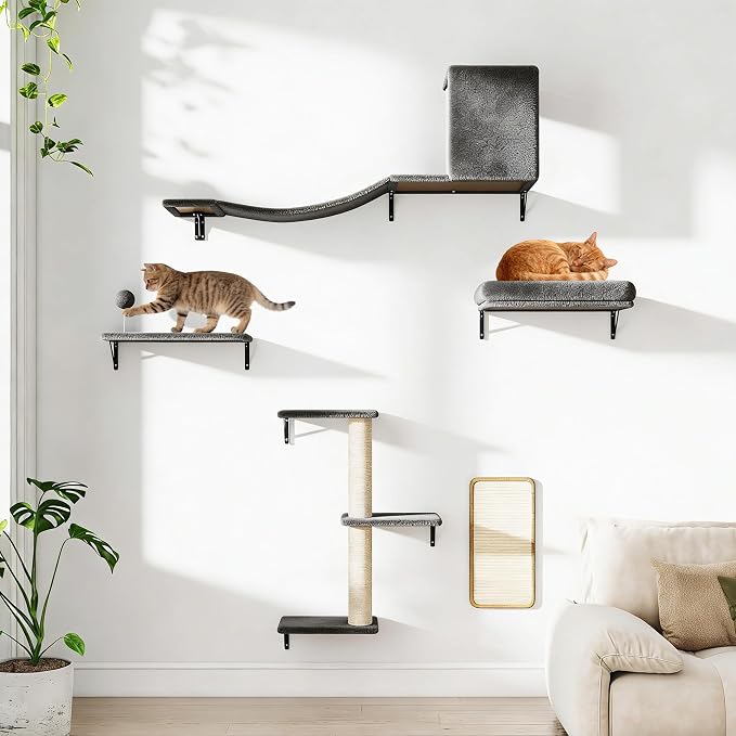 5 Pcs Wooden Indoor Cat Climber - Wall-Mounted Shelves, Perches, Scratching Board, Cat Ladder & Cat Tree - Grey