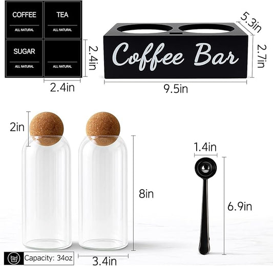 Coffee Container Set of 2 – 34oz Airtight Glass Coffee Bean Storage Jars with Wooden Lids, Metal Scoop & Wooden Base, Coffee Bar Organizer for Countertop, Tea & Sugar Canisters with Labels
