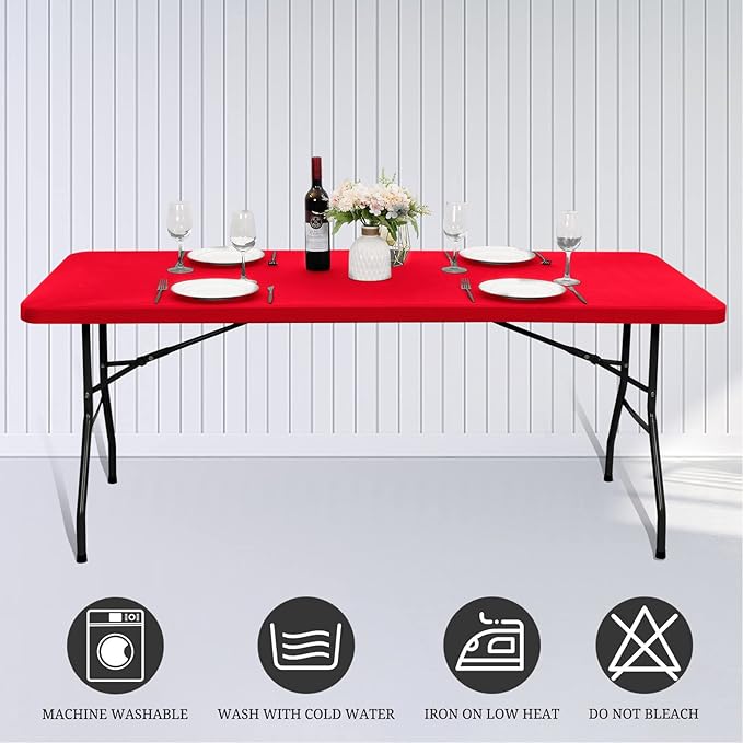 10 Pack Stretch Fabric Table Top Cap Cover, fits 6' Tables, Spandex Table Covers Washable Elastic Rectangle Tablecloth Protector for Indoor Outdoor Party Picnic Wedding, Red, 30" W x 72" L