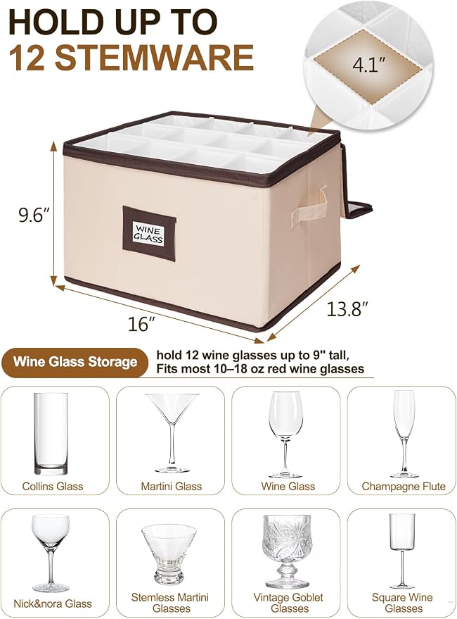 punemi Wine Glass Storage Box, 2-Pack Hard Shell Case with Padded Dividers | Hard shell support with dustproof lid and padded dividers, stackable for wine glasses, stemware and goblets, beige Set of 12