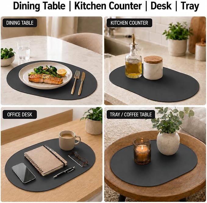 Oval Silicone Placemats Set of 2, 15.8 x 10.5in, Table Protector, Gray | Food-grade Silicone , Non-slip , Raised Edge Heat Resistant, Easy Clean , Compact Size, for Dining Table