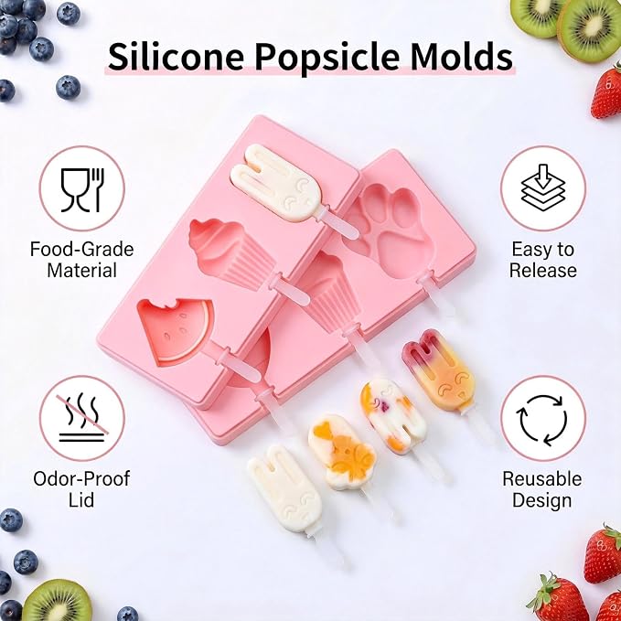 2Pcs Cartoon Popsicles Molds, 5-Cavity Food-Grade Silicone Ice Pop Cream Molds with Reusable Sticks, Stackable Ice Cream Mold, Easy Release, Cute Small Ice Pop Mold for DIY Cake and Ice Cream