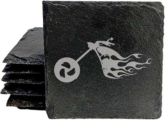 Ride The Fire: Flaming Chopper Motorcycle Coasters - Square Slate - Set of 6