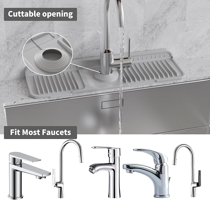 WAFT YEARN 17X5 Inch Silicone Durable Faucet Mat Kitchen Sink Splash Guard Draining Protector Tray Liner Absorbent Protective Counter Accessories For Sink Kitchen Bathroom Laundry Room Bar & RV Grey
