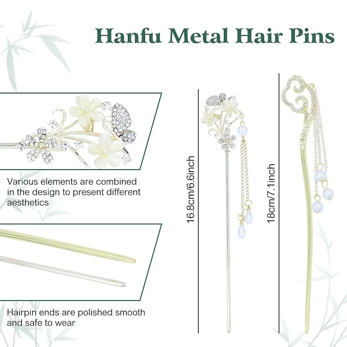inSowni 8 Pieces Vintage Retro Asian Chinese Hanfu Gold Metal Hair Sticks Pins with Pearl Pendants Bamboo Leaf Flower Fishtail Hair Chopsticks Forks Bun Updo Holders Long Hairpins for Women Girls