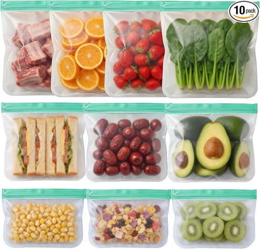10 Pack Reusable Silicone Food Storage Bags, Reusable Freezer Bags,Leakproof Snack Sandwich Bags BPA Free Contaizers, Gallon Freezer Bags for Meal Prep Marinate Meat, Salad Fruit, Veggies, Lunch Green