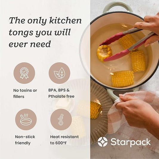 Starpack 'Get a Grip' Silicone Kitchen Tongs for Cooking 9 Inch - BBQ Silicone Tongs for Grill Heat Resistant to 600°F - Stainless Steel Utensils with Non Stick Rubber Tips for Serving Food