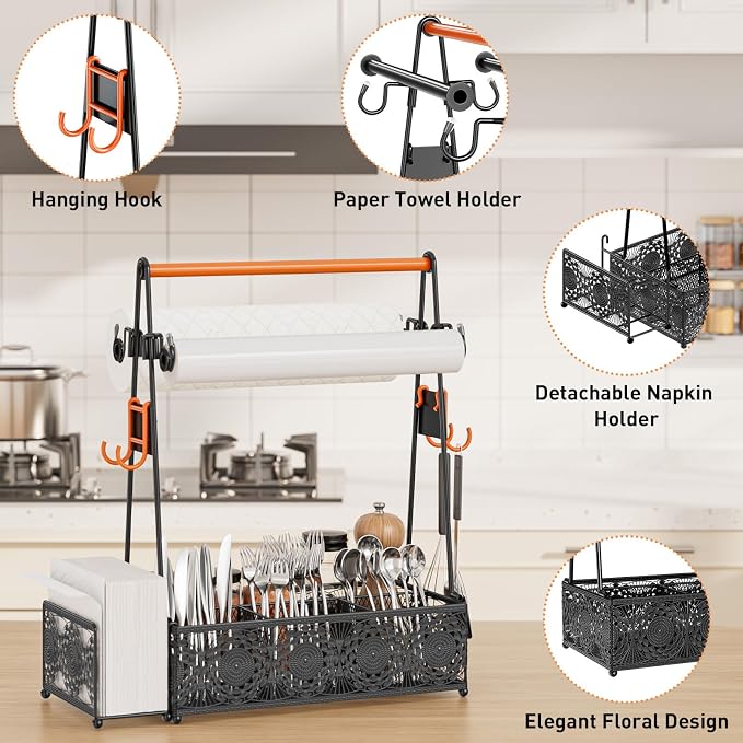 EKNITEY Outdoor Grill Caddy Organizer: BBQ Caddy with 2 Paper Towel Holders | Metal, Camping Kitchen Accessories Rack, Utensil Condiment Storage, Floral Design, Easy Assembly, for Patio Camper Picnic RV