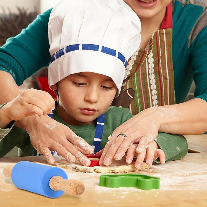 Mini Silicone Rolling Pin for Kids, Non-stick Surface Wood Handle, 9 Inch 1 Pack Blue