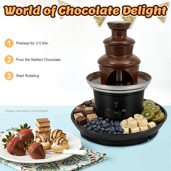 3 Tier Electric Chocolate Fountain, 120v 25w Chocolate Dipping Warmer Machine, 1 lb Capacity Hot Cocoa Fondue Tower, 430 Stainless Steel, Melts Cheese, Queso for Parties, Events & Weddings