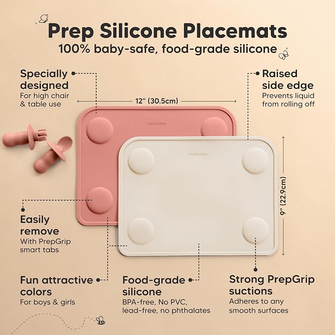 KeaBabies 2pk Silicone Placemats for Toddlers, Kids, 12x9 (Roseate) | Non Slip Suction Silicone Placemat for Restaurants, Dining Table,Travel, Easy to Clean, Food Grade, BPA-Free, Large Table Mat