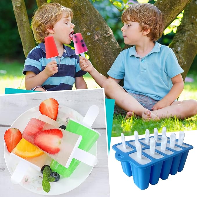 Silicone Popsicle Molds with Sticks, Easy Release Popsicle Maker Mold Set, BPA Free Ice Pop Mold, 10-Cavity Homemade Ice Cream Mold for Kids, Toddlers, Adults
