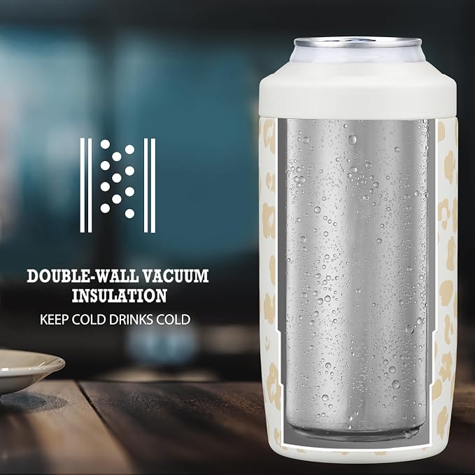 MAXSO Slim Can Cooler, 4-in-1 Double Walled Stainless Steel Insulated Beer Can Holder, Works With All 12 Oz Cans,Bottles & As A Pint Cups - Leopard