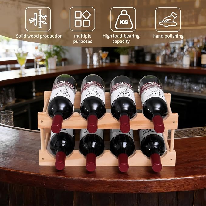Wooden Wine Rack, countertop Wine Rack, 8-Bottle Stackable Wine Storage Rack, DIY Assembled Wine Holder, Used in Kitchens, countertops, etc (2 Layers with 8 Bottles)