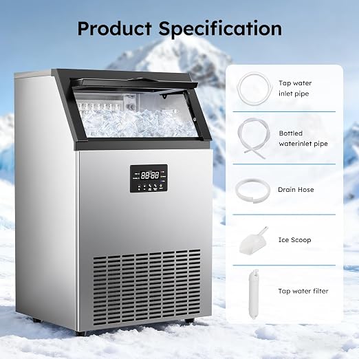 Commercial Ice Maker Machine - 200 Lbs/24H, Commercial Ice Machine with 50 LBS Storage Bin, Under Counter or Freestanding Ice Maker, 55 Ice Cubes in 5-15 min, Thicknesses Adjustable, Stainless Steel