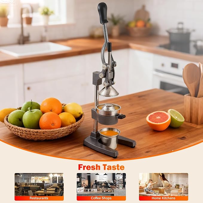 Manual Cast Iron Juicer, Gray Lemon Citrus Squeezer | Detachable Cone, Free Stainless Steel Cup, Extracts Juice from Lemons, Oranges and Grapefruits, Easy to Clean