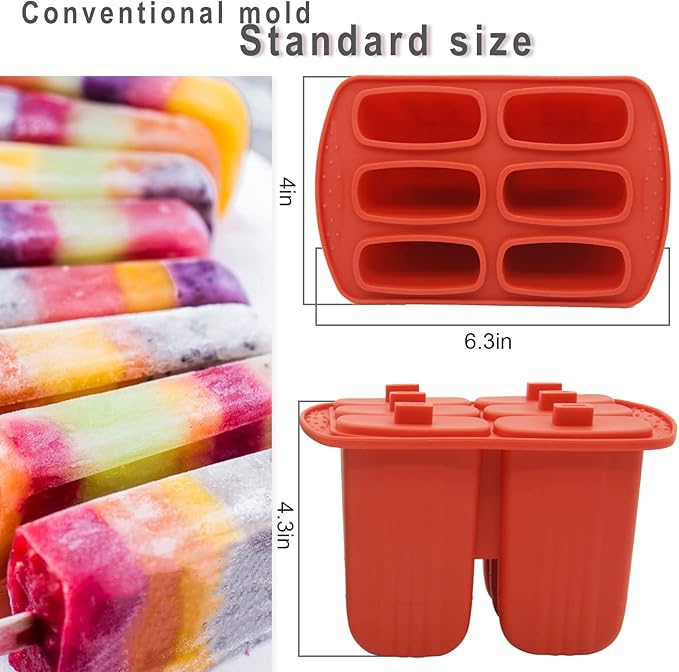 6 Pieces Silicone Popsicle Molds,Easy-Release Bpa-Free,Ice Pop Mold Ice Cream Molds For Kids,With 50 Pcs Popsicle Sticks+Cleaning Brush(Red)