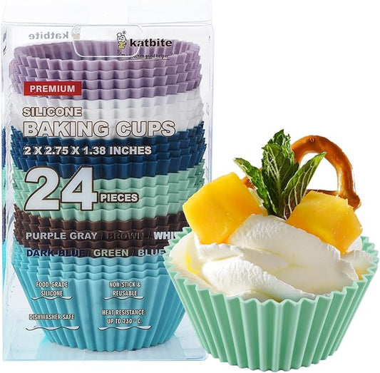 Silicone Cupcake Baking Cups Katbite 24 Pack Silicone Baking Cups Reusable Non-stick Heavy Duty Cupcake Liners for Baking Soft Pale Muffins Cups for Party Halloween Christmas