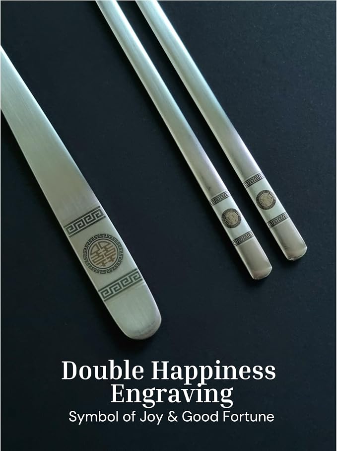 ONGI Korean Spoon and Chopstick 1 Set – Premium 18/10 Stainless Steel – Double Happiness Design – Gift-Ready – Made in Korea – Dishwasher Safe (Hee Pattern Silver 1 Set)