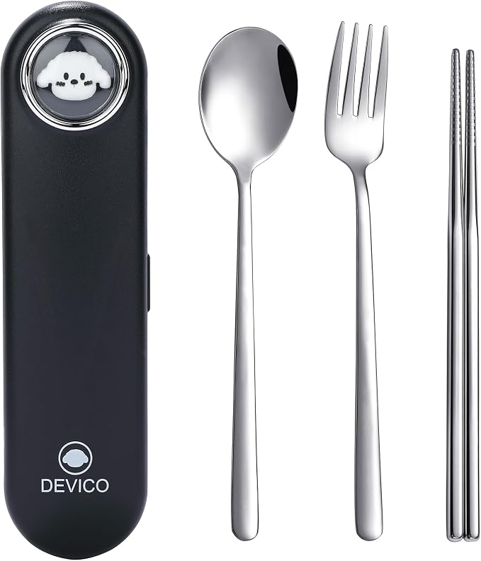 DEVICO Travel Utensils with Case Cute, Reusable Silverware for Lunch, 4Pcs Portable Cutlery Set, 18/8 Stainless Steel Fork Spoon Chopsticks in Cartoon Case, Dishwasher Safe (Black)