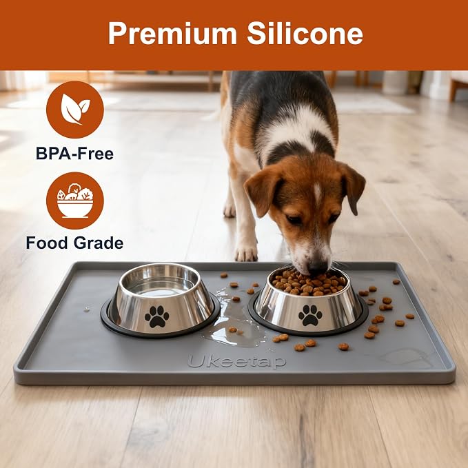 ukeetap 19" x 12" Extra Thick Silicone Mat Waterproof with Raised Edge, BPA Free Non-Slip Dog & Cat Food Mat, Feeding Mat for Food and Water Bowls, Spill Proof Mat to Protect Floors, Gray