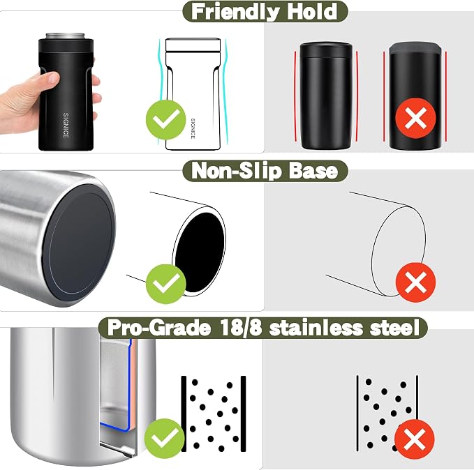 3 In 1 Insulated Universal Can Cooler - Signice Double Walled Vacuum Insulator Stainless Steel Slim Can Cooler for 12 Oz Skinny Tall Standard Regular Can Beer Bottle (Matte Black)