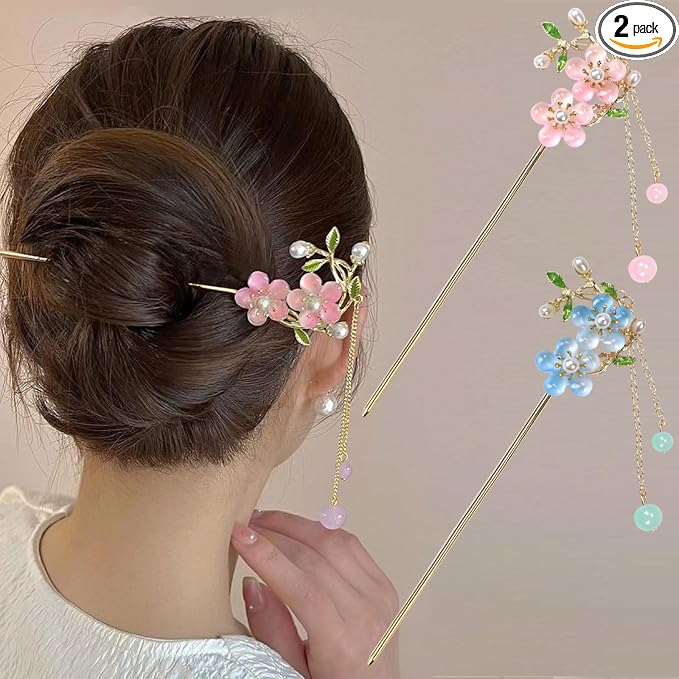 2Packs Lily of the Valley Chinese Hair Sticks for Buns, Pearl Flower Vintage Metal Hair Chopsticks for Women and Girls Dangle Tassel Pendant Accessories Hanfu Handmade Decor Hairpin (blue)