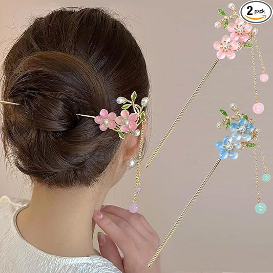 2Packs Lily of the Valley Chinese Hair Sticks for Buns, Pearl Flower Vintage Metal Hair Chopsticks for Women and Girls Dangle Tassel Pendant Accessories Hanfu Handmade Decor Hairpin (blue)