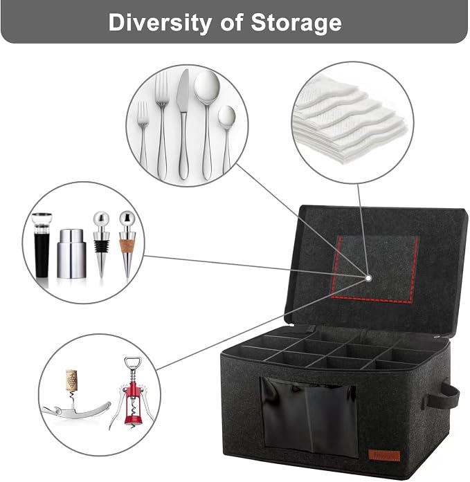 Foyego 2 Pack Wine Glass Storage Box with Dividers, Stemware Storage Containers for Packing and Moving, China Storage Containers Box for 12 Crystal Glassware, Wine Glasses, Drinkware,Dark Gray