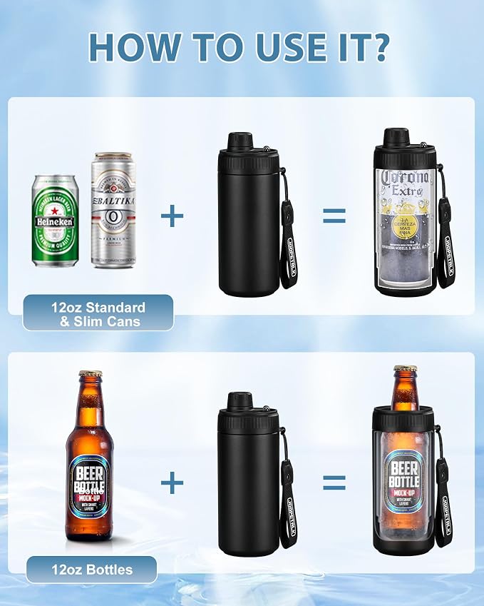JOOPETALK Universal Can Cooler with Lid Fits All 12oz Cans& Bottles, 100% Leak-Proof Water Bottle, 4-in-1 Insulated Can Cooler for Beer, Soda & Energy Drinks, Dishwasher Safe