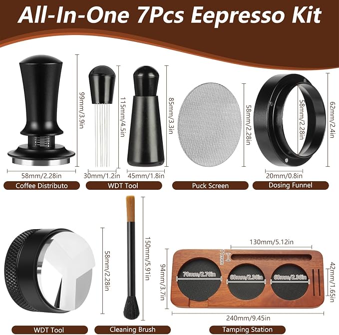7 PCS Espresso Accessories,Espresso Tamper Tools,WDT Tool Espresso Machine Accessories Kit,Coffee Tamper with Wood Espresso Tamping Station,Distributor,Stirrer,Dosing Funnel,Brush,Puck Screen (58mm)