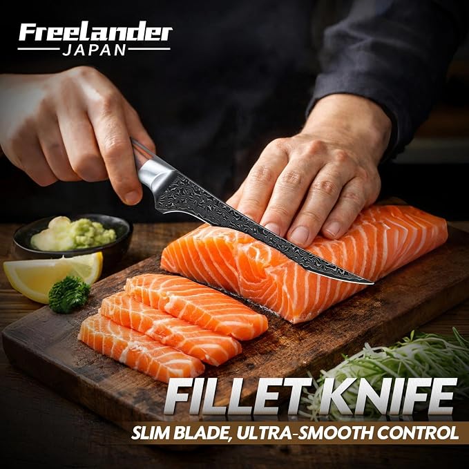 Freelander Damascus Fillet Knife with Wood Handle for Fish, Meat & Poultry | Razor Sharp 7" Filet Knife with Comfortable Grip, Mosaic Pin Design, Ideal for Skinning, Deboning & Slicing, Gifts for Men