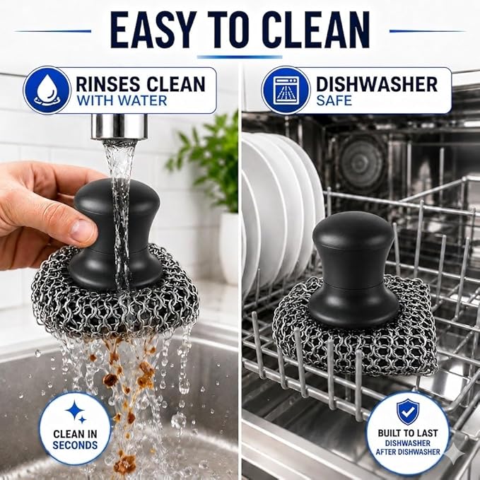 Cast Iron Scrubber and Scraper | 316 Chainmail Scrubber for Cast Iron Pan | Chain Mail Scrubber for Cast Iron Skillet Cleaner | Dishes Pots Wok Griddle Grill | Dish Scouring Pad Dishwasher Safe, Black1