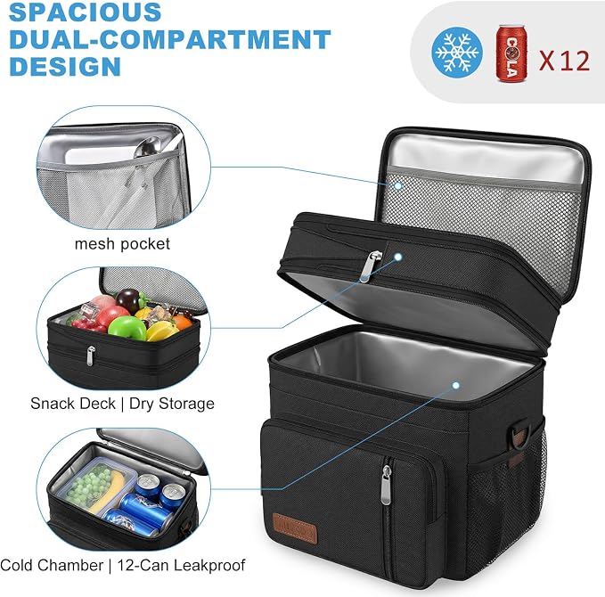 MIYCOO Lunch Bag & Lunch Box for Men Women, Double Deck & Leakproof | Insulated Soft Large Adult Camping Cooler bag for Work, Beach, Picnic, Travel (Black, 15L)