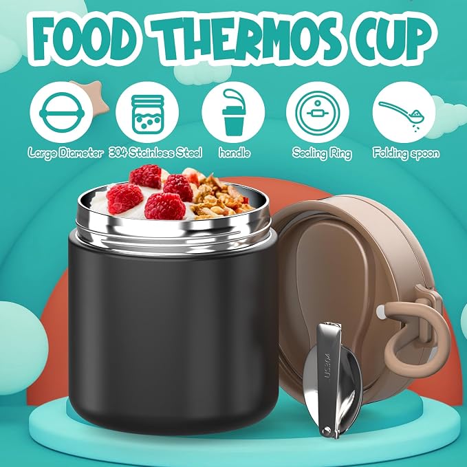 Thermo for Hot Food Kids - 15.2oz with Folding Spoon and Silicone handle | Leak Proof Insulated Food Jar, Soup Thermo, Wide Mouth Insulated Lunch Containers, Dishwasher Safety